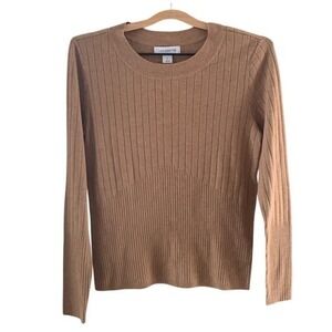 Liz Claiborne Ribbed Knit Sweater L/S Button Detail Crew Neck Tan Small